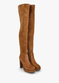 Hot DANIEL Sippy Tan Suede Over The Knee Platform Heeled Boots
