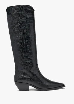 New DANIEL Skira Black Leather Moc Croc Western Knee Boots