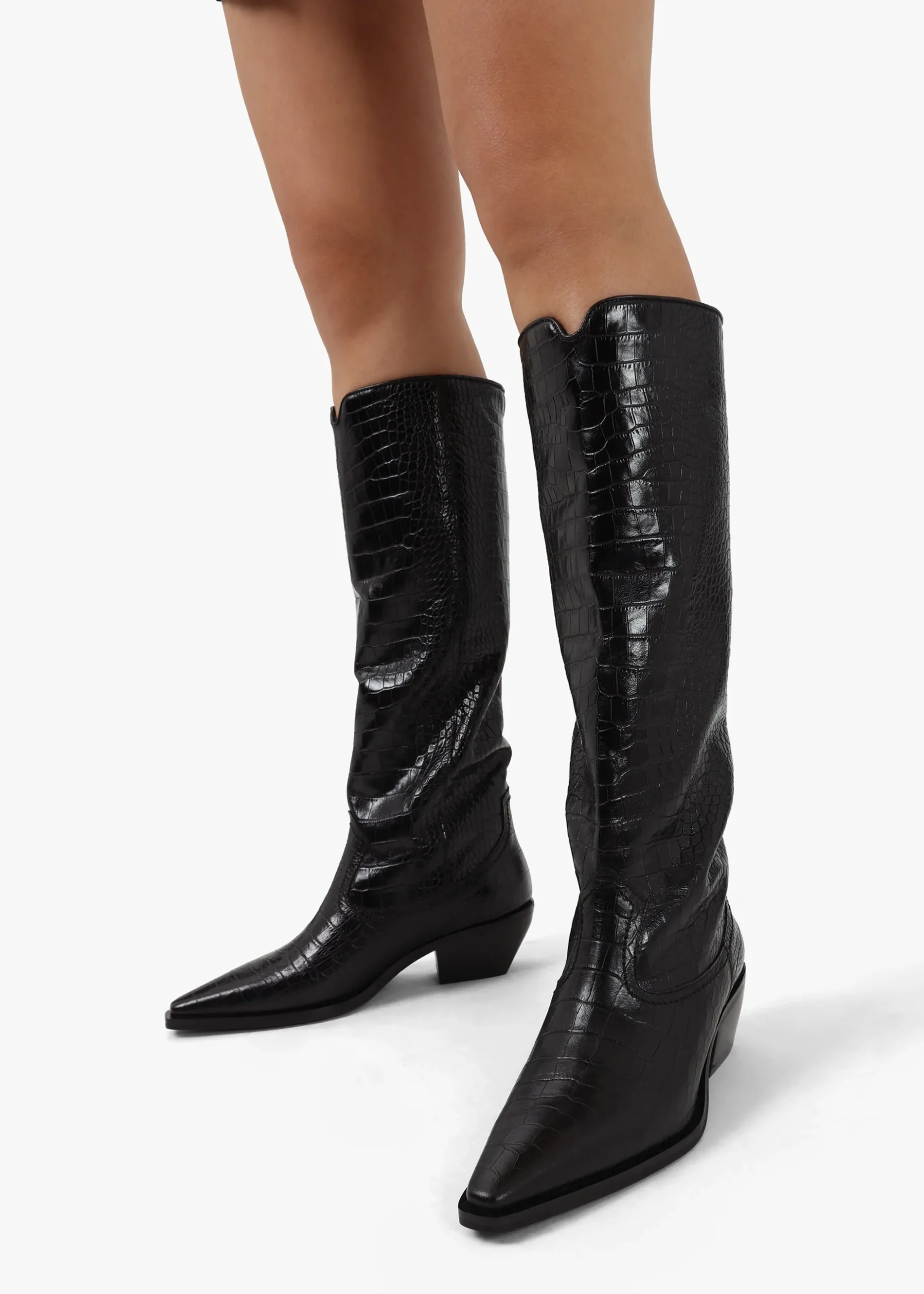 New DANIEL Skira Black Leather Moc Croc Western Knee Boots