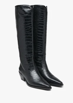New DANIEL Skira Black Leather Moc Croc Western Knee Boots