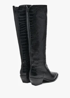 New DANIEL Skira Black Leather Moc Croc Western Knee Boots