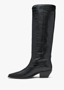 New DANIEL Skira Black Leather Moc Croc Western Knee Boots