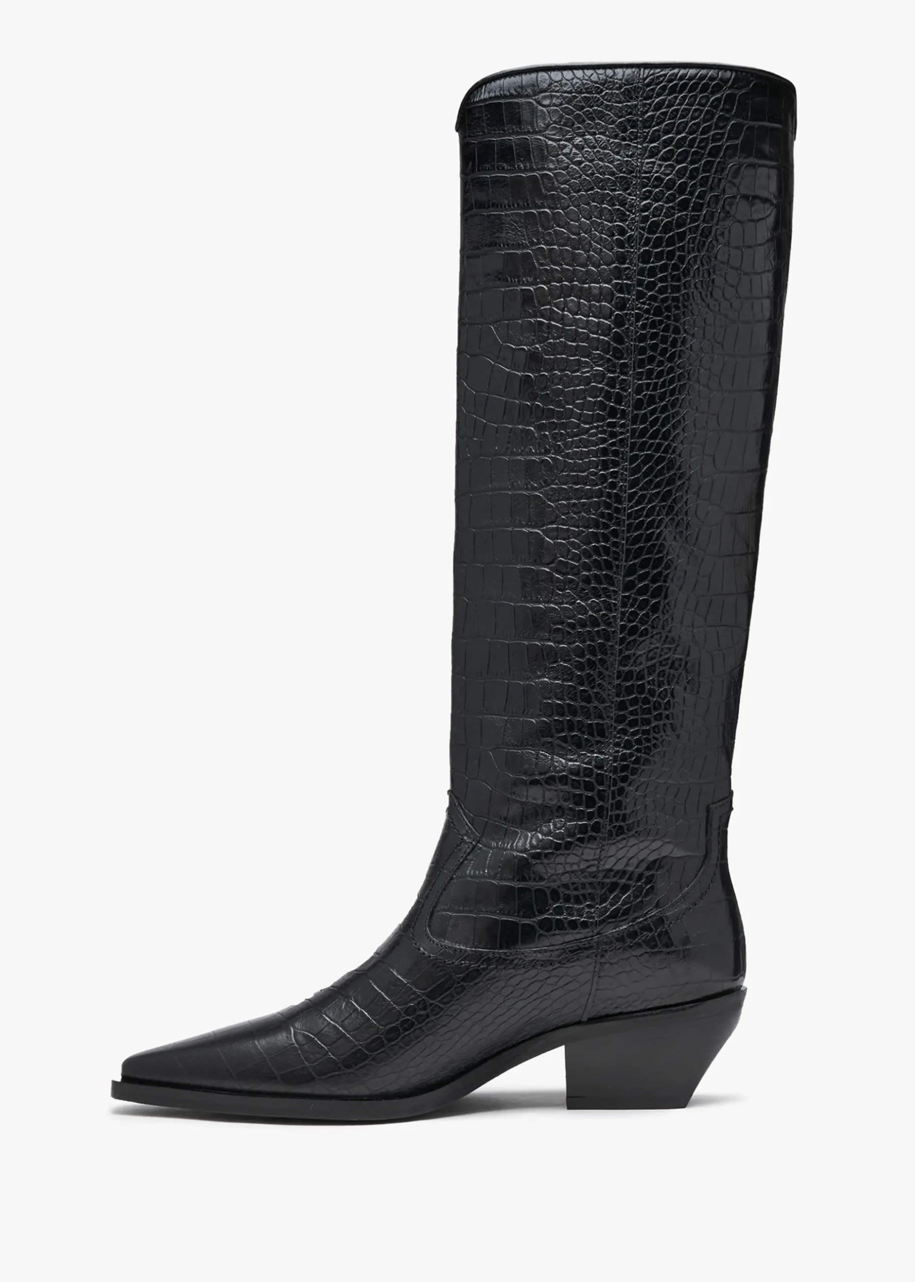 New DANIEL Skira Black Leather Moc Croc Western Knee Boots