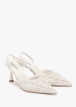 Hot DANIEL Tiffi Low White Leather Woven Sling Back Mid Heel Court Shoes