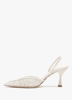 Hot DANIEL Tiffi Low White Leather Woven Sling Back Mid Heel Court Shoes