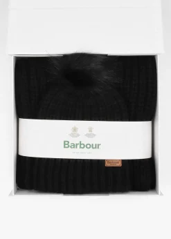 Hot BARBOUR Women’s Saltburn Black Beanie Hat & Scarf Gift Set