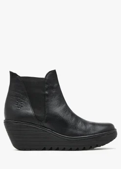 Hot FLY LONDON Woss Black Leather Wedge Ankle Boots