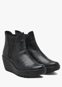 Hot FLY LONDON Woss Black Leather Wedge Ankle Boots
