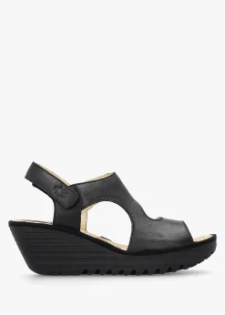 Online FLY LONDON Yoxa Black Leather Wedge Sandals