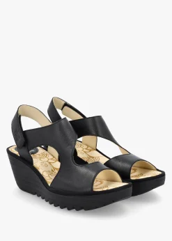Online FLY LONDON Yoxa Black Leather Wedge Sandals