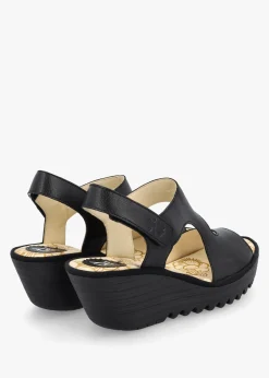 Online FLY LONDON Yoxa Black Leather Wedge Sandals