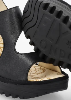 Online FLY LONDON Yoxa Black Leather Wedge Sandals