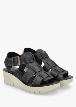 Fashion FLY LONDON Yudd Black Leather Wedge Sandals