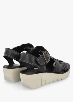 Fashion FLY LONDON Yudd Black Leather Wedge Sandals